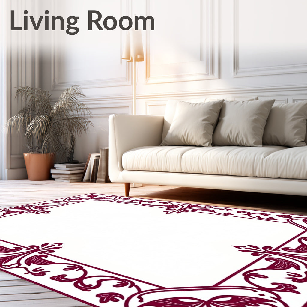 Deep Burgundy Floral Scroll Border Rug