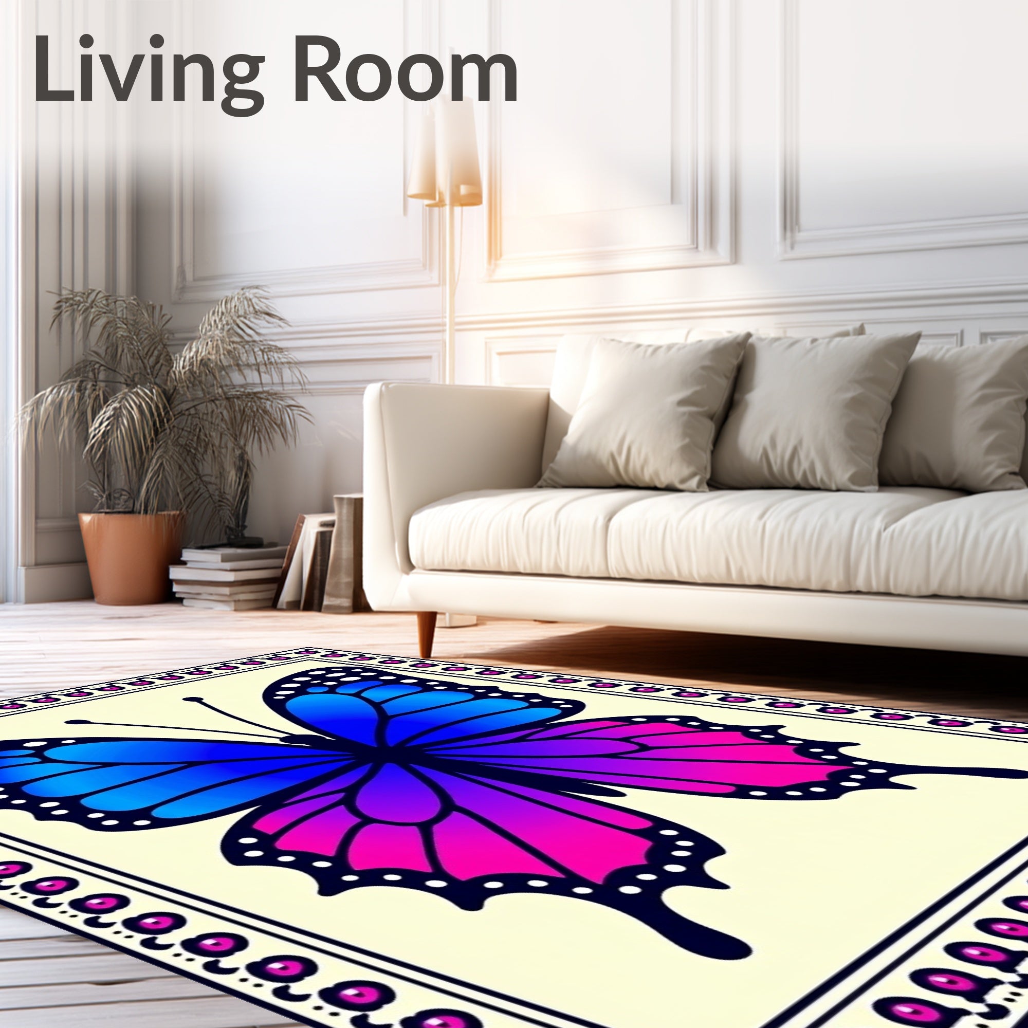 Vibrant Blue Purple Butterfly Border Rug