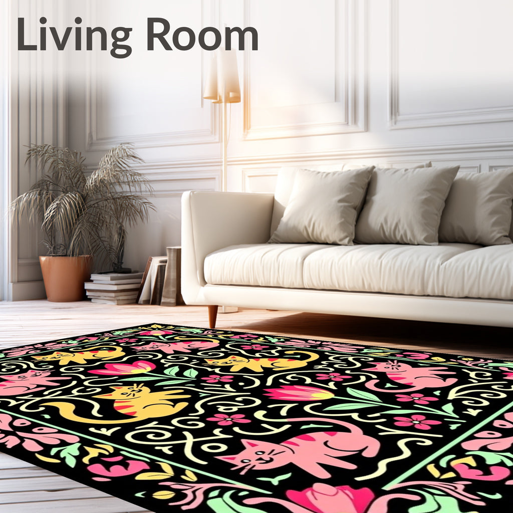 Playful Pink Yellow Cat Floral Border Rug