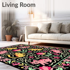 Playful Pink Yellow Cat Floral Border Rug