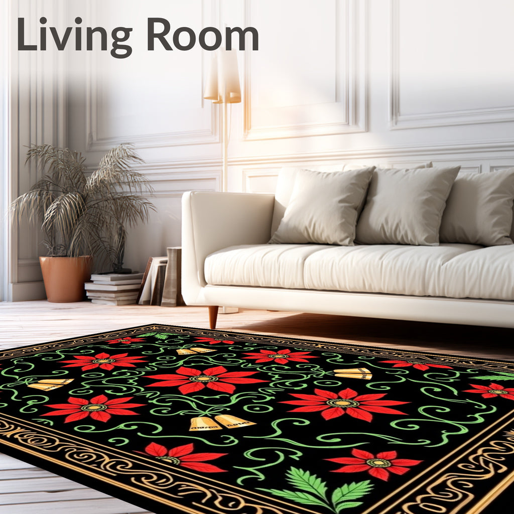 Red Flower Black Gold Bell Garland Rug
