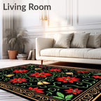 Red Flower Black Gold Bell Garland Rug