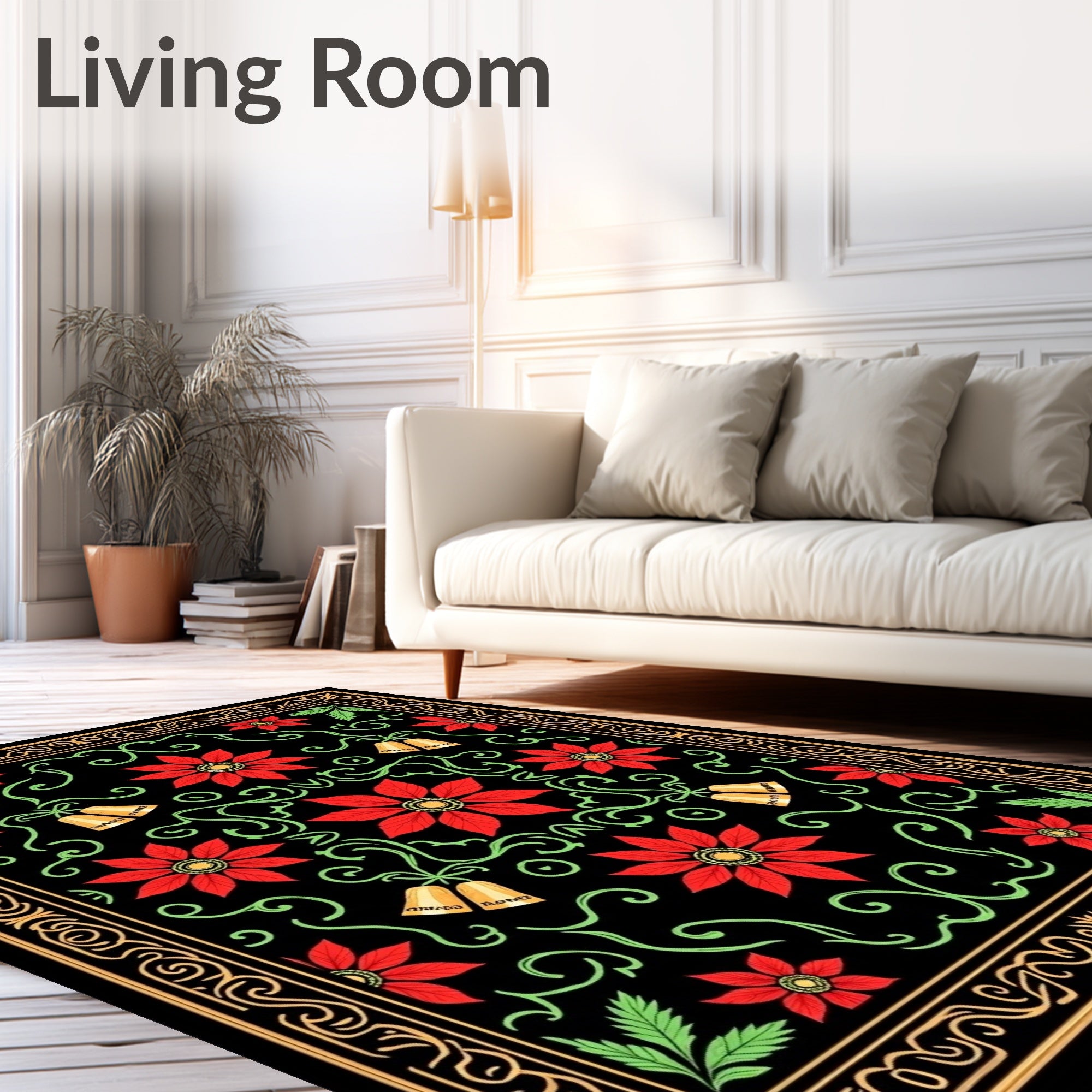 Red Flower Black Gold Bell Garland Rug