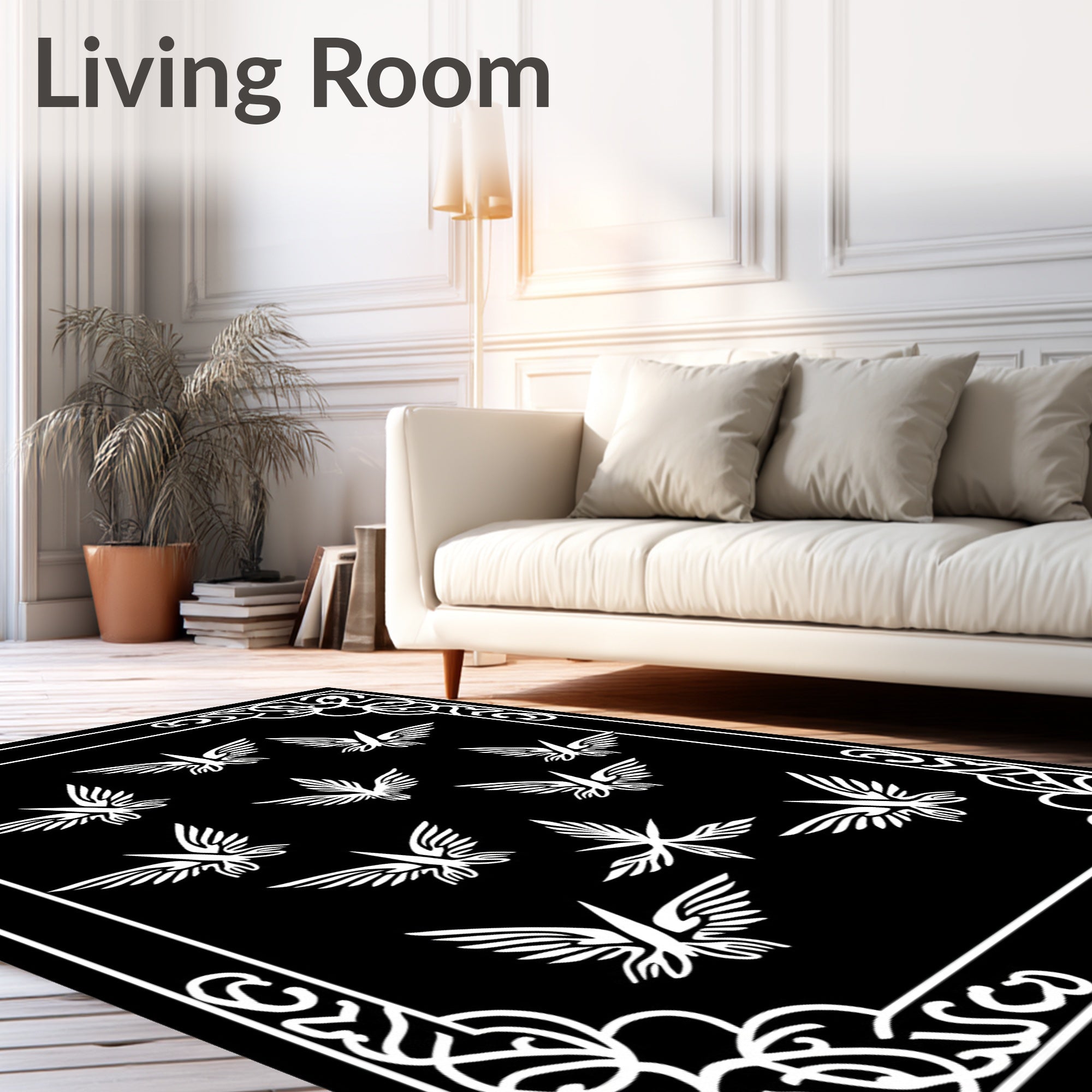 Black White Winged Bird Border Rug