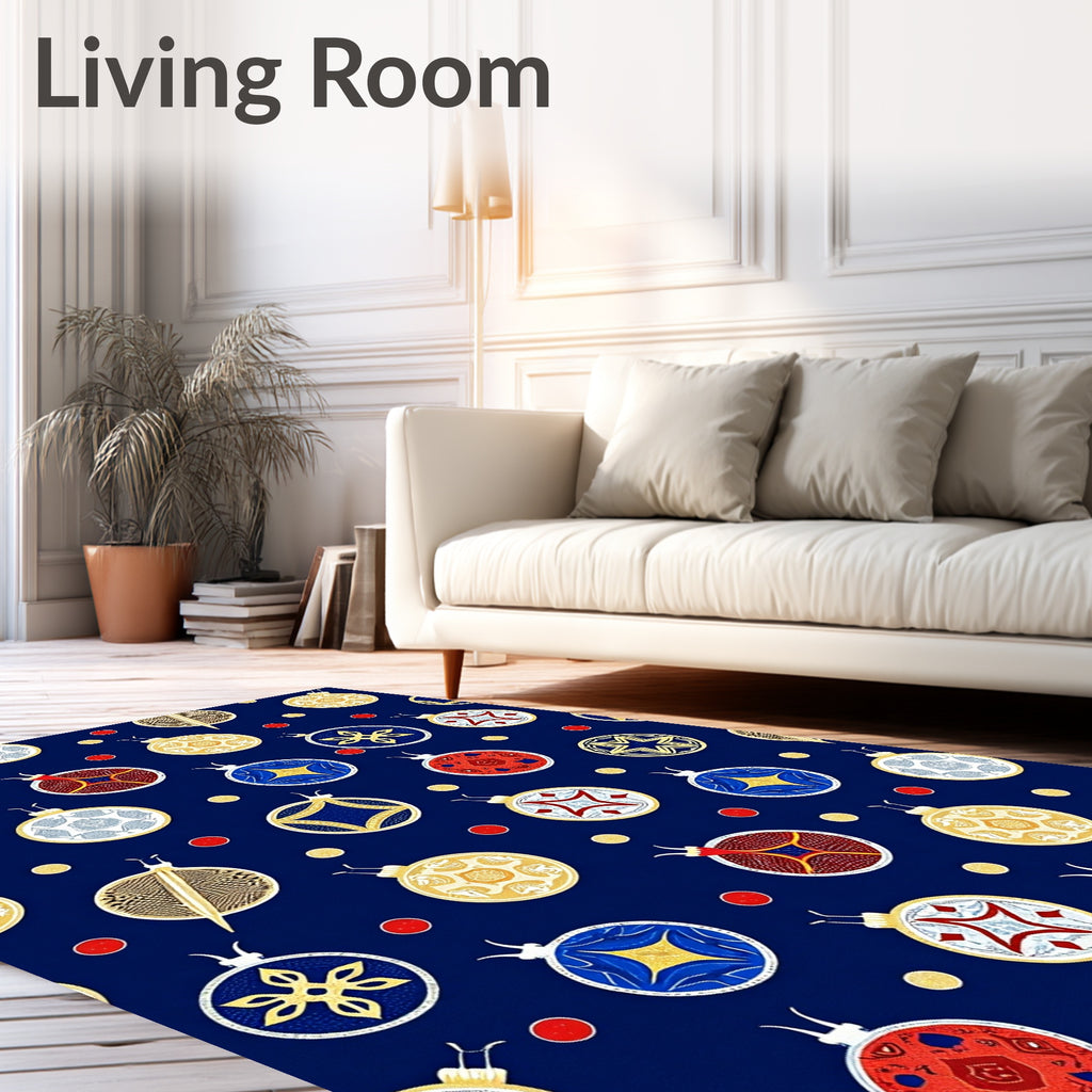 Festive Ornaments on Navy Background Rug
