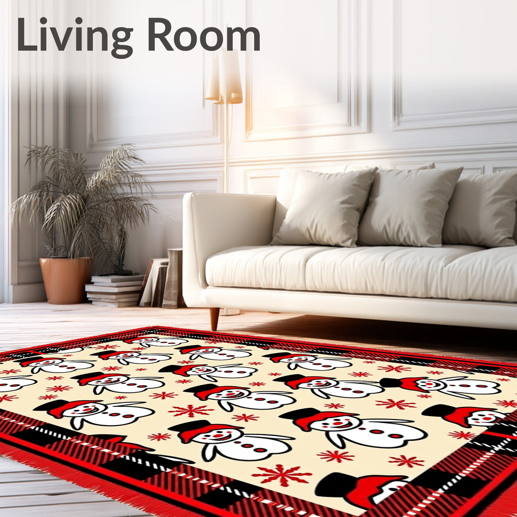Cheerful Snowman Red Plaid Border Rug