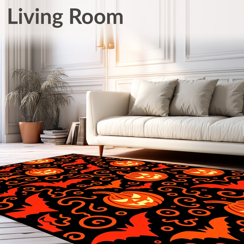 Orange Pumpkin Bats Swirls Black Rug