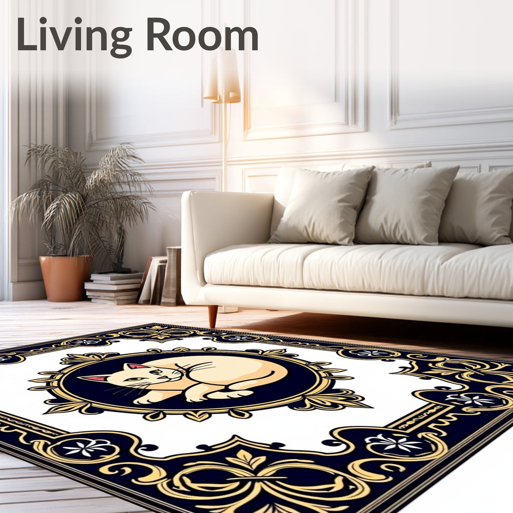 Cream Cat Emblem Deep Blue Border Rug