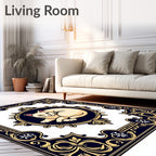 Cream Cat Emblem Deep Blue Border Rug