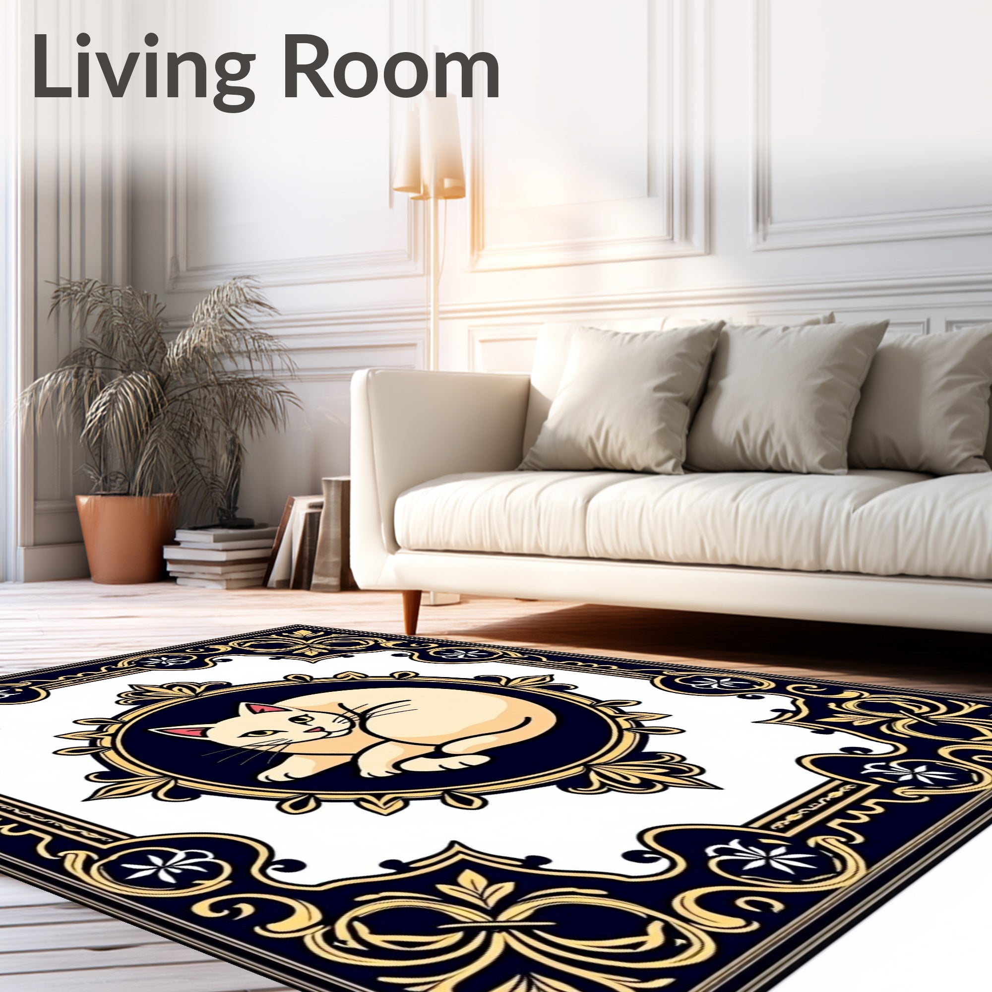 Cream Cat Emblem Deep Blue Border Rug