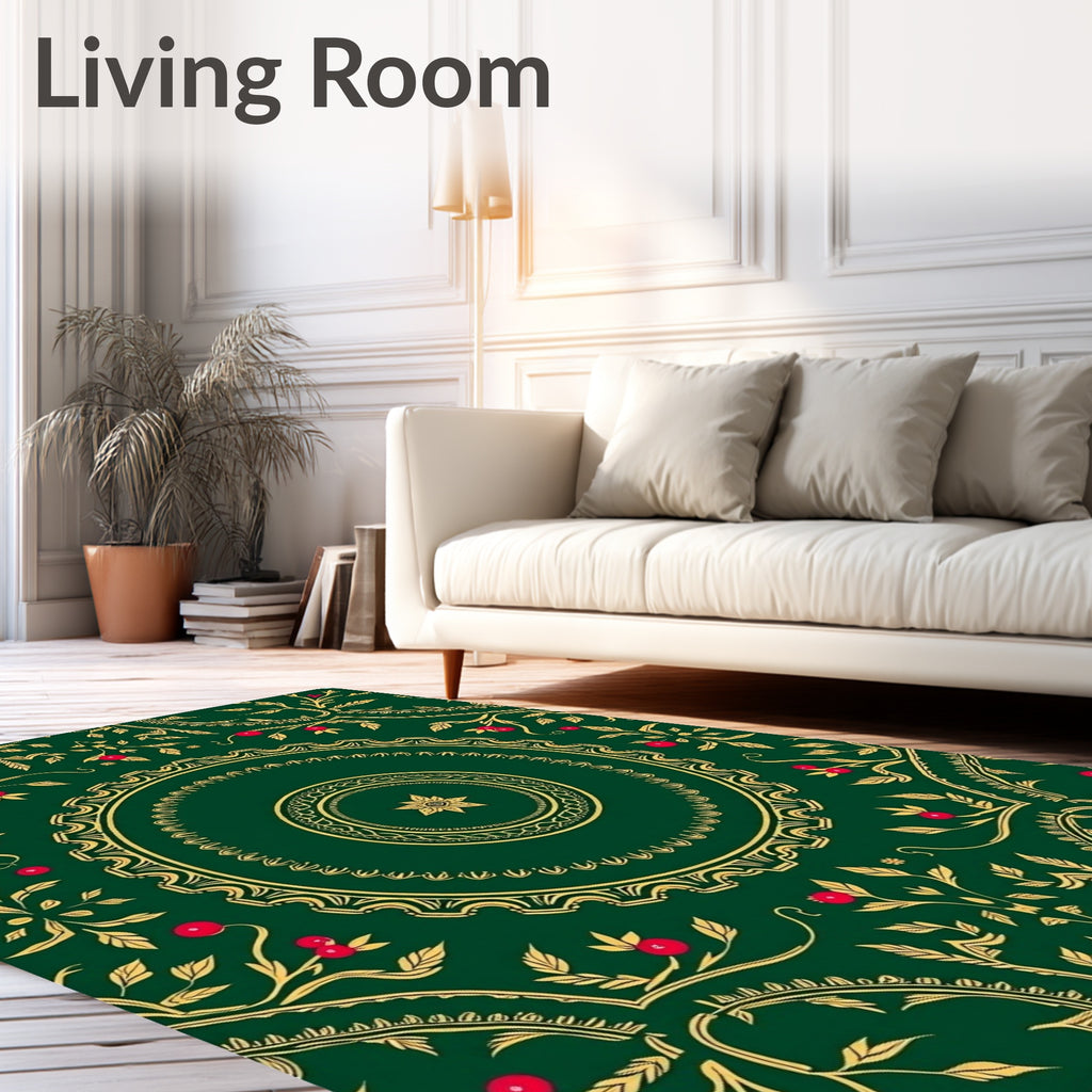 Emerald Green Golden Floral Medallion Rug