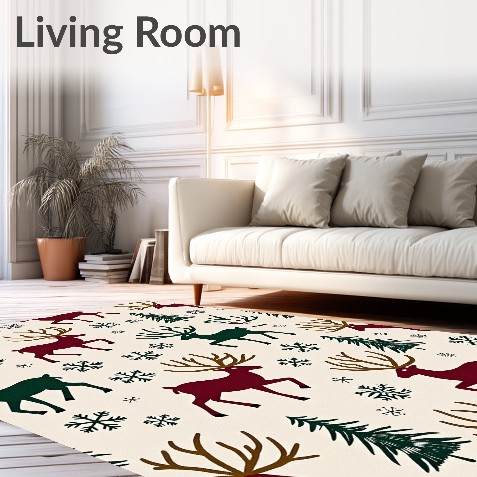 Crimson Forest Reindeer Snowflake Scene Rug