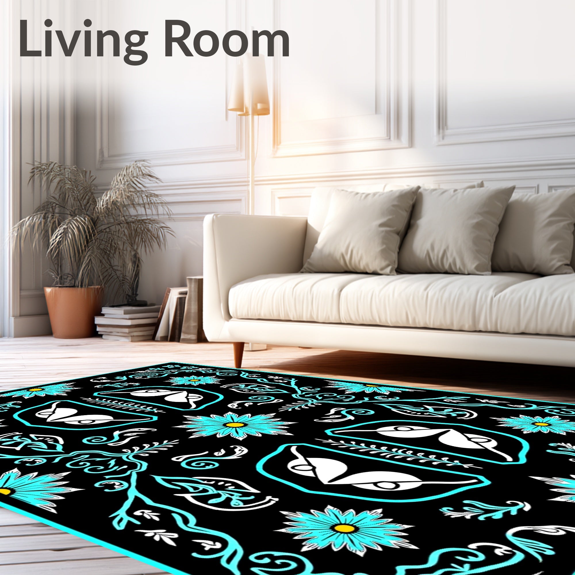 Vibrant Teal Floral Symmetry Rug