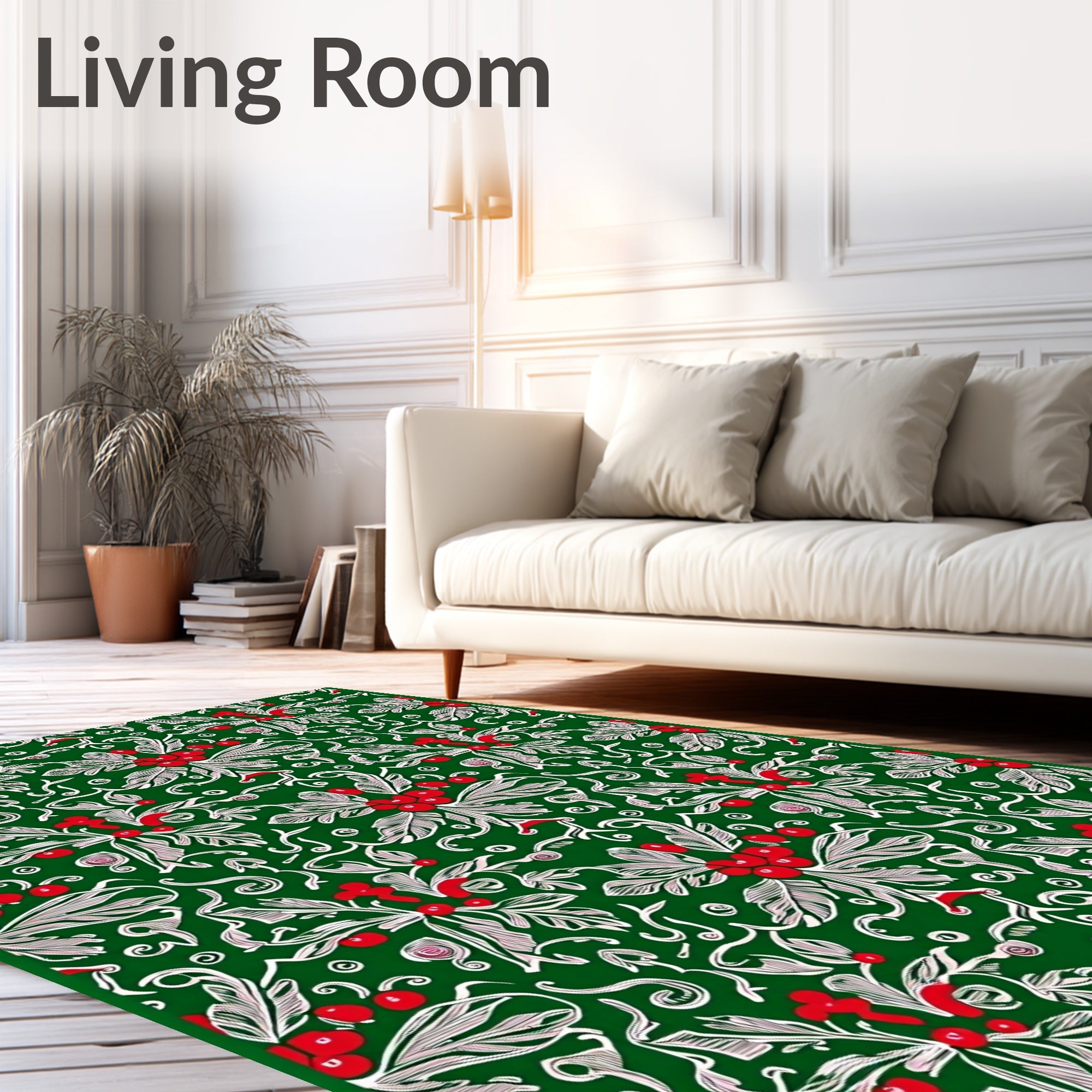 Festive Holly Berry Swirls Green Rug