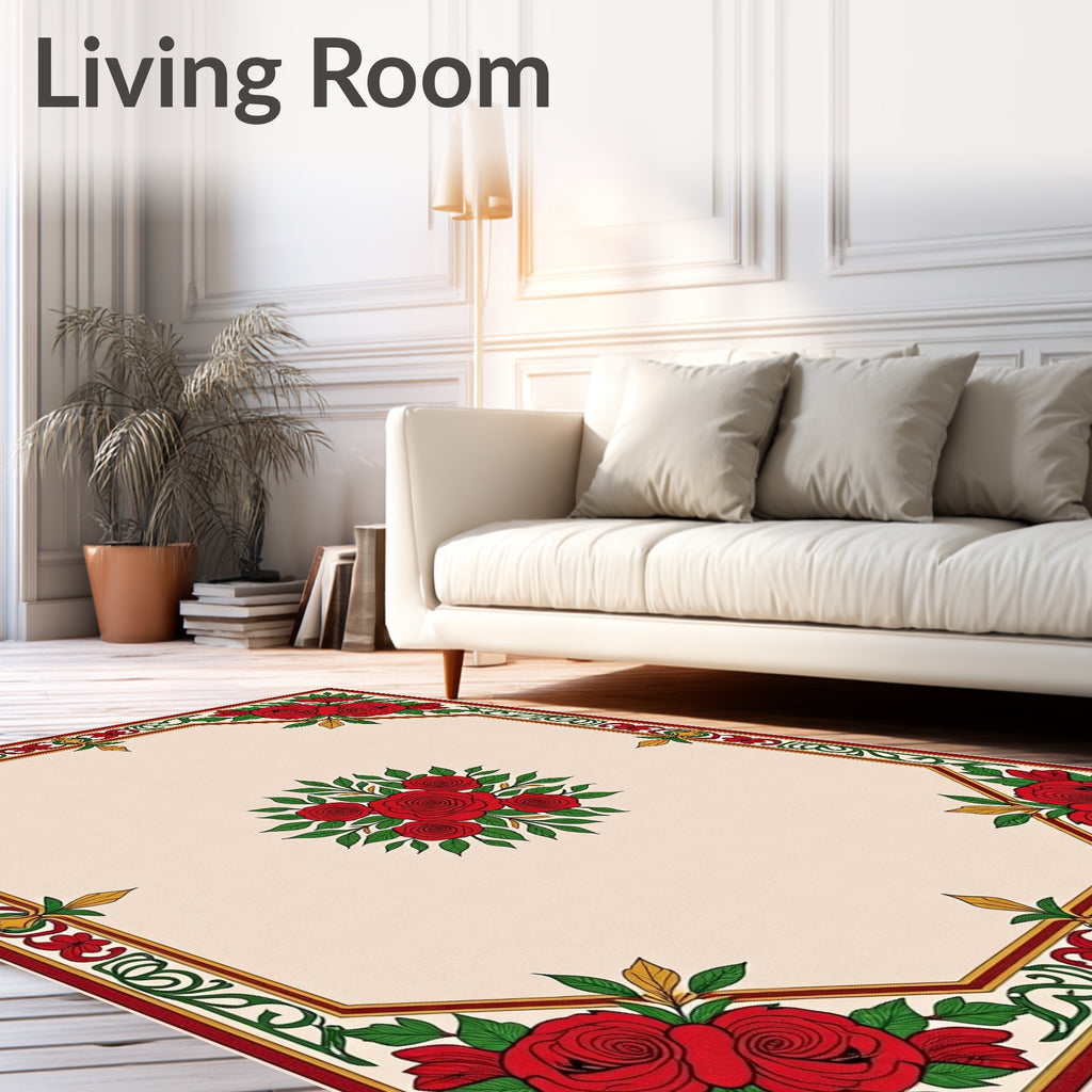 Crimson Rose Floral Octagon Border Rug