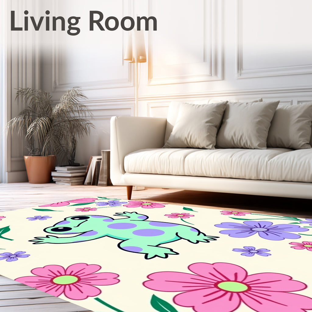 Playful Frog Surrounded by Pink Flowers Rug