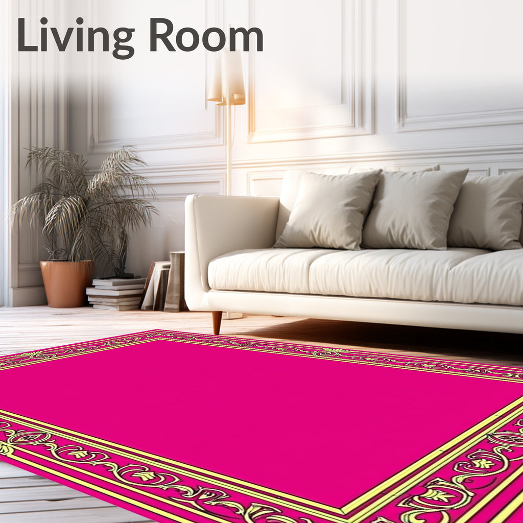 Vibrant Magenta Golden Floral Border Rug
