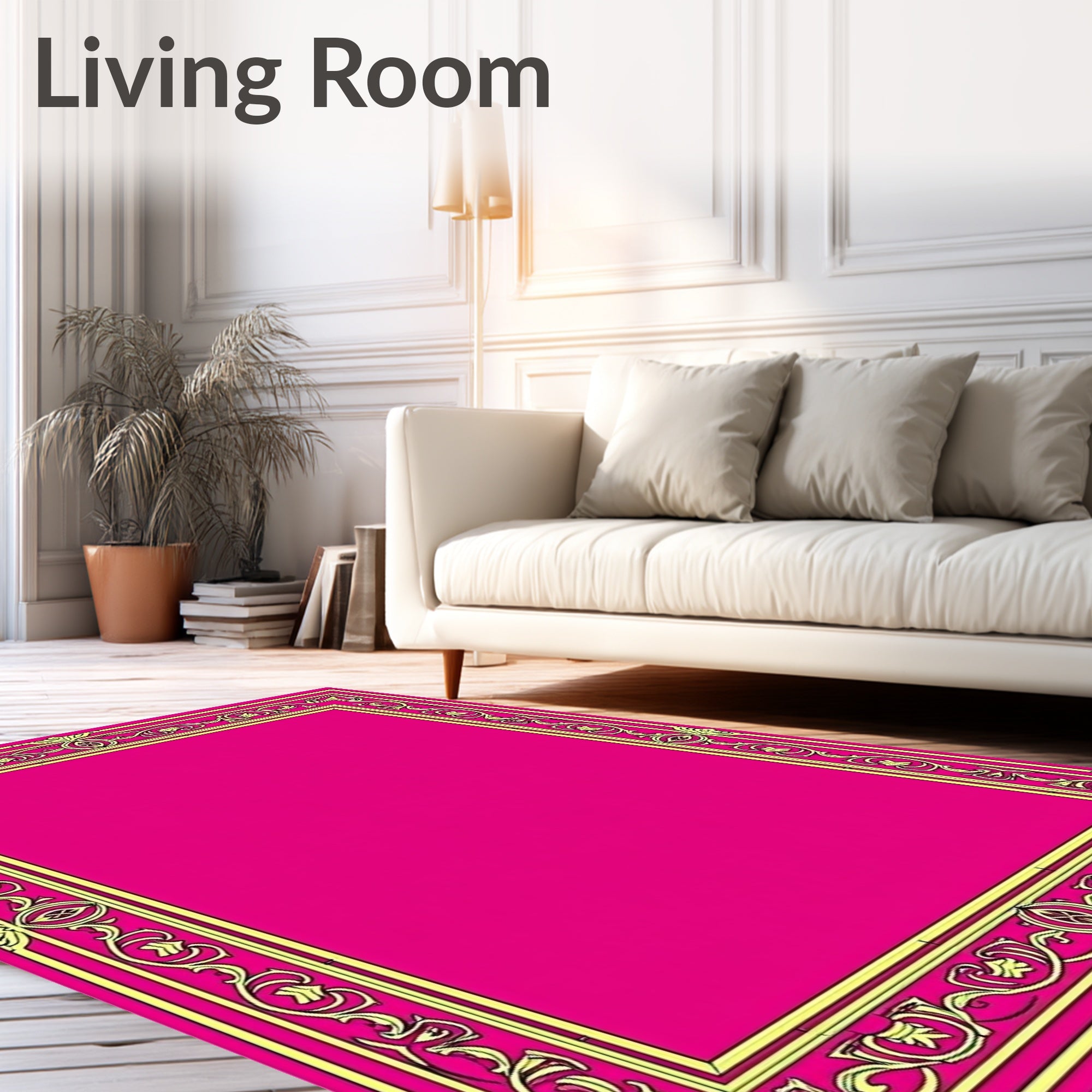 Vibrant Magenta Golden Floral Border Rug