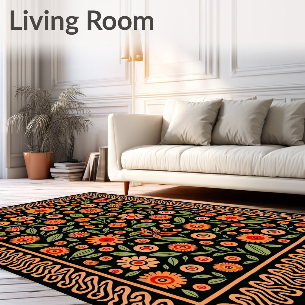 Black Orange Floral Garden Border Rug