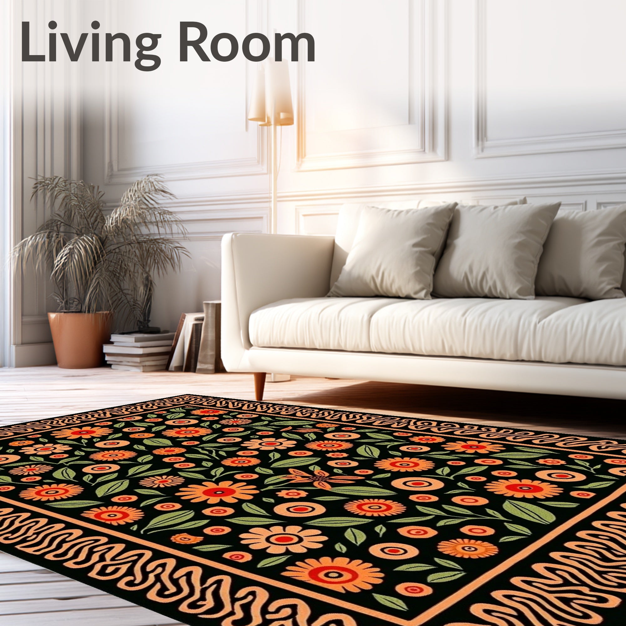 Black Orange Floral Garden Border Rug