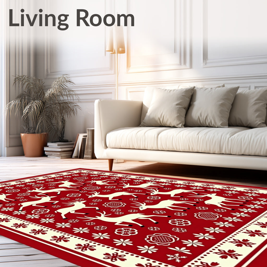 Red Deer and Floral Folk Art Rug