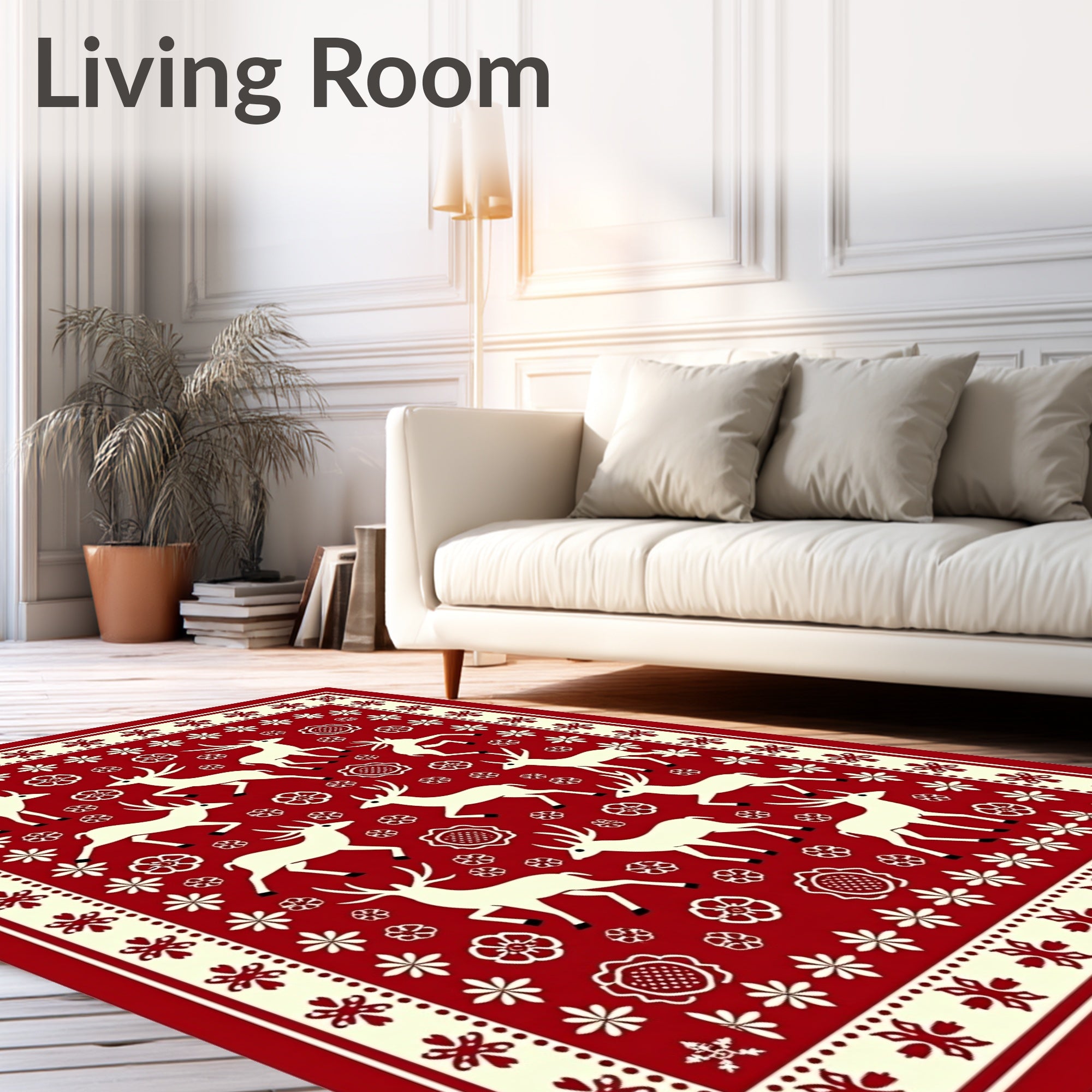 Red Deer and Floral Folk Art Rug