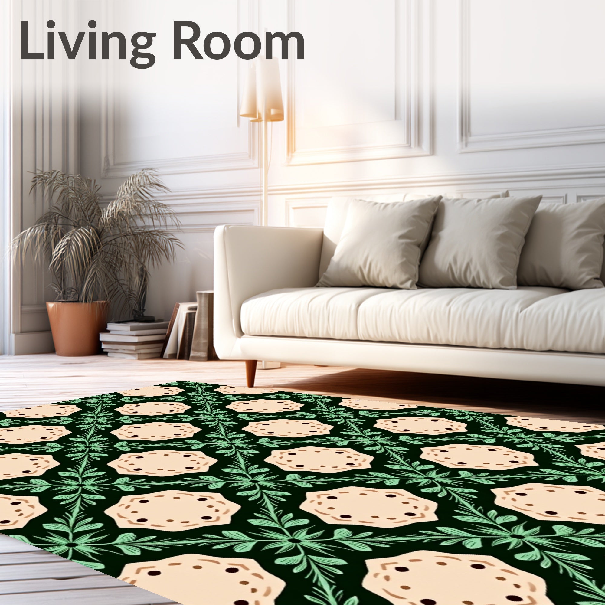Pale Pink Floral Geometric Green Accents Rug