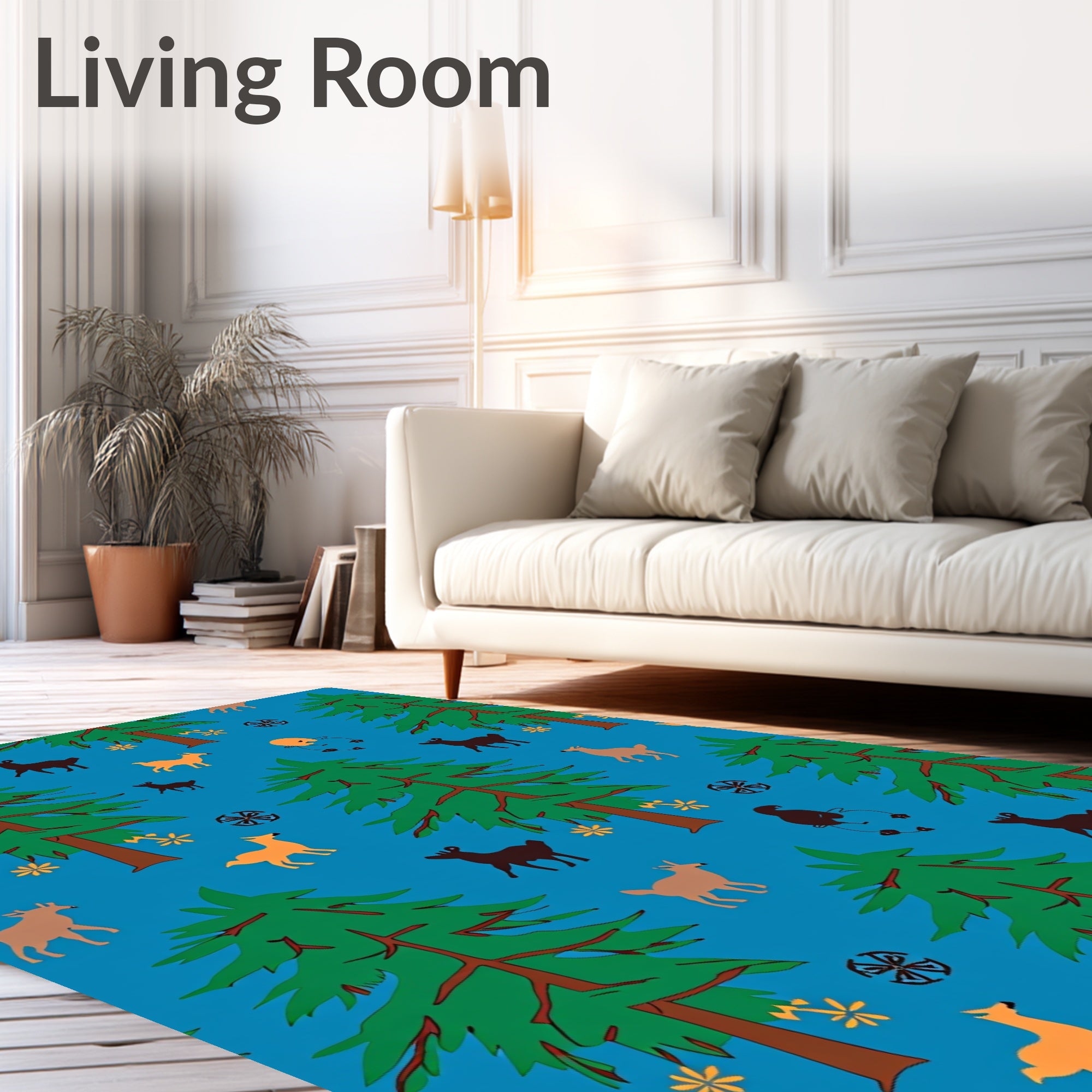Woodland Deer Trees Blue Sky Woodland Rug