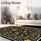 Golden Orange Leaf Scrollwork Black Rug