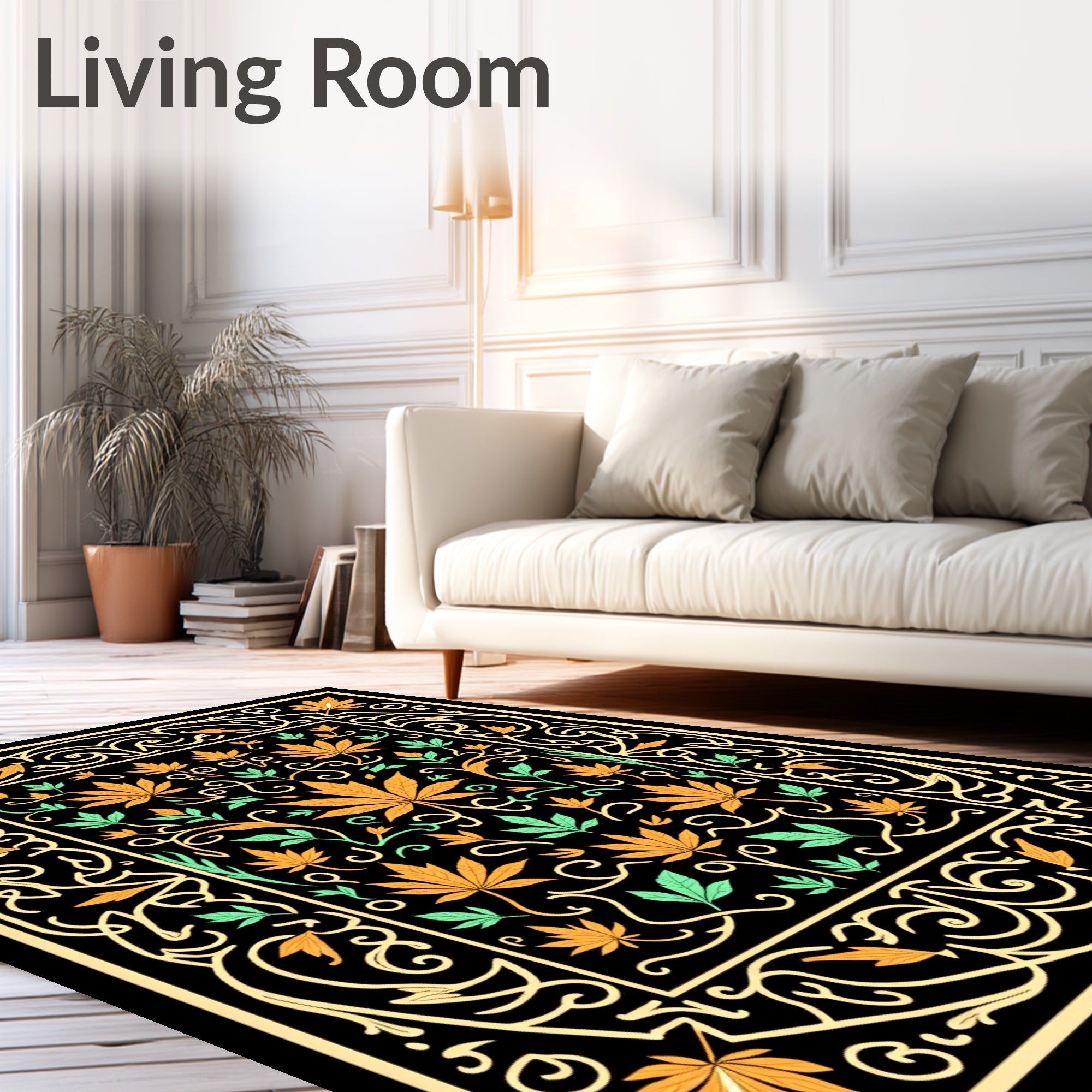 Golden Orange Leaf Scrollwork Black Rug