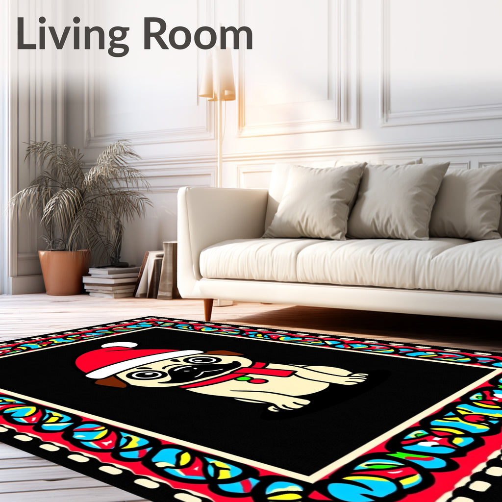 Festive Pug With Red Hat Border Rug