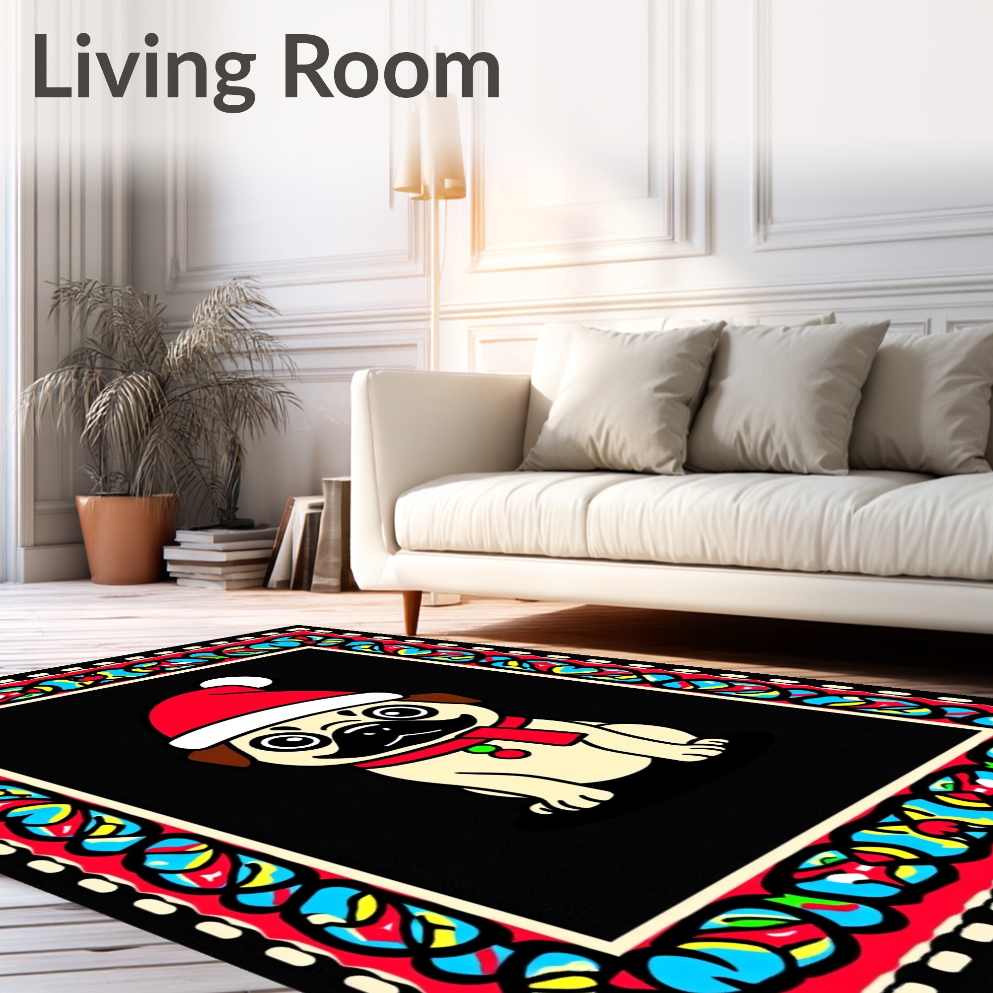 Festive Pug With Red Hat Border Rug