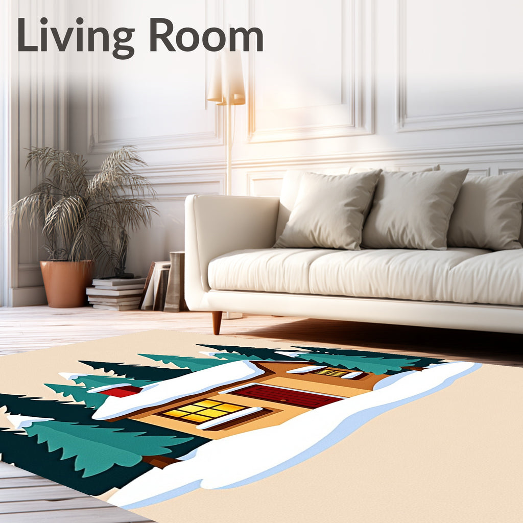 Cozy Yellow Cabin Winter Evergreen Forest Rug