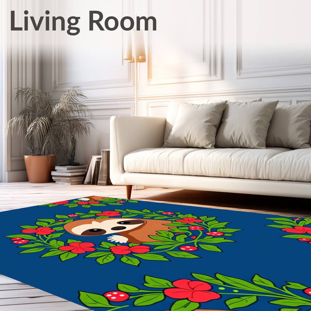 Whimsical Sloth Floral Wreath Blue Rug