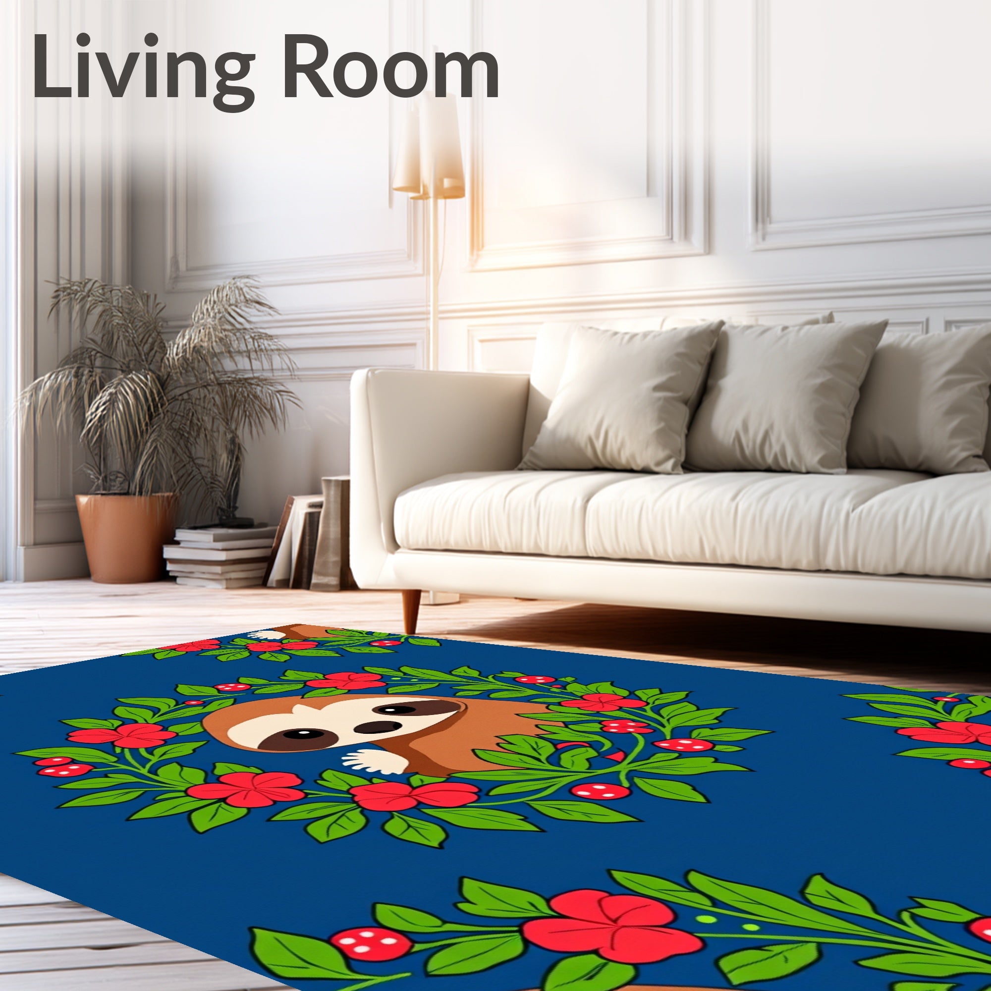 Whimsical Sloth Floral Wreath Blue Rug