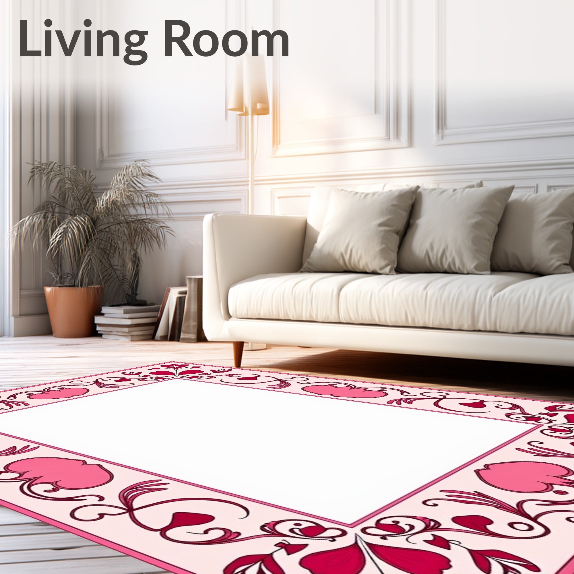 Pink Crimson Floral Scroll Heart Rug