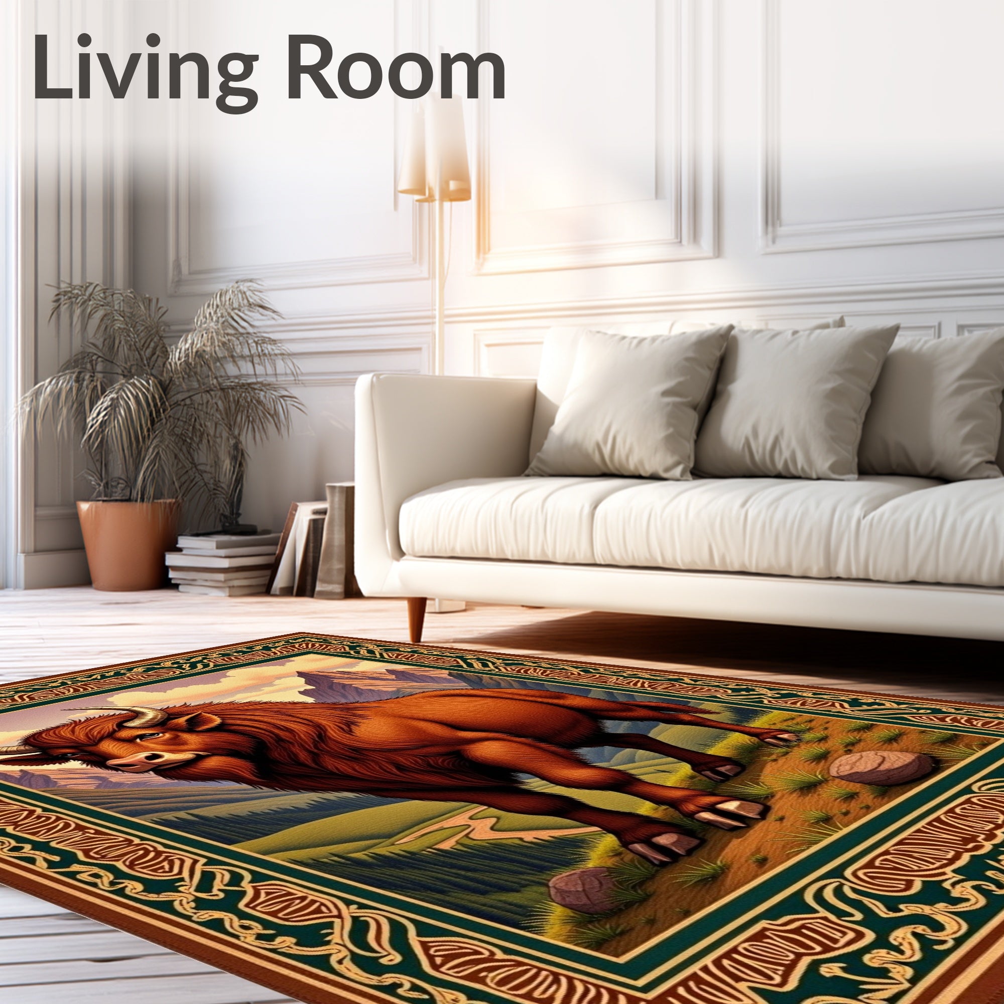 Majestic Bison Mountain Landscape Frame Rug