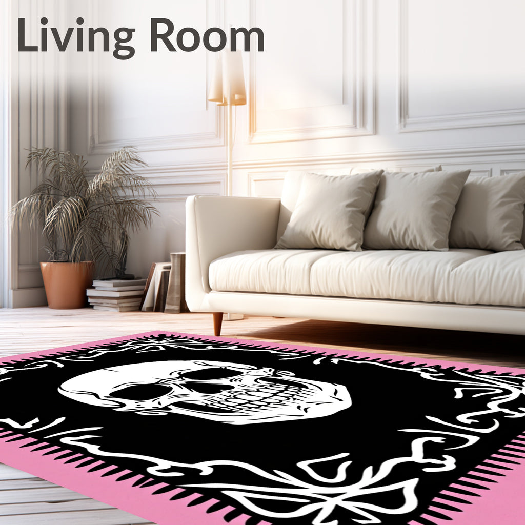 Pink White Skull Black Ornate Frame Rug