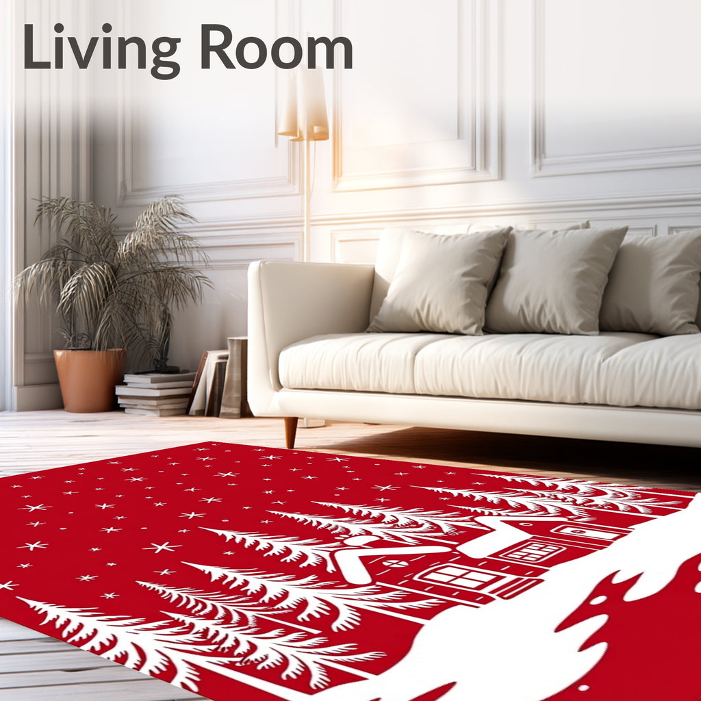 Red Snowy Village Forest Scene Rug