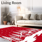 Red Snowy Village Forest Scene Rug
