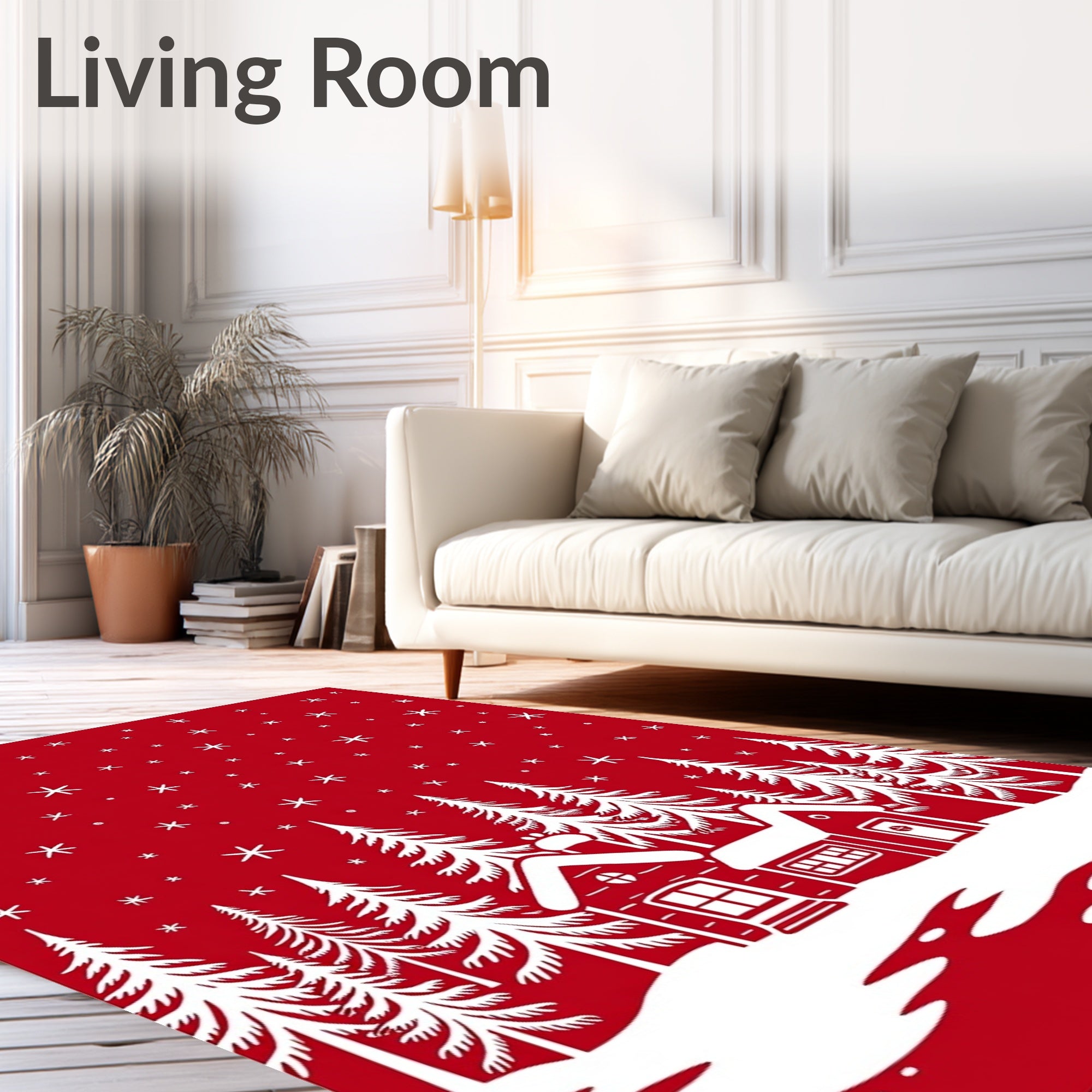 Red Snowy Village Forest Scene Rug
