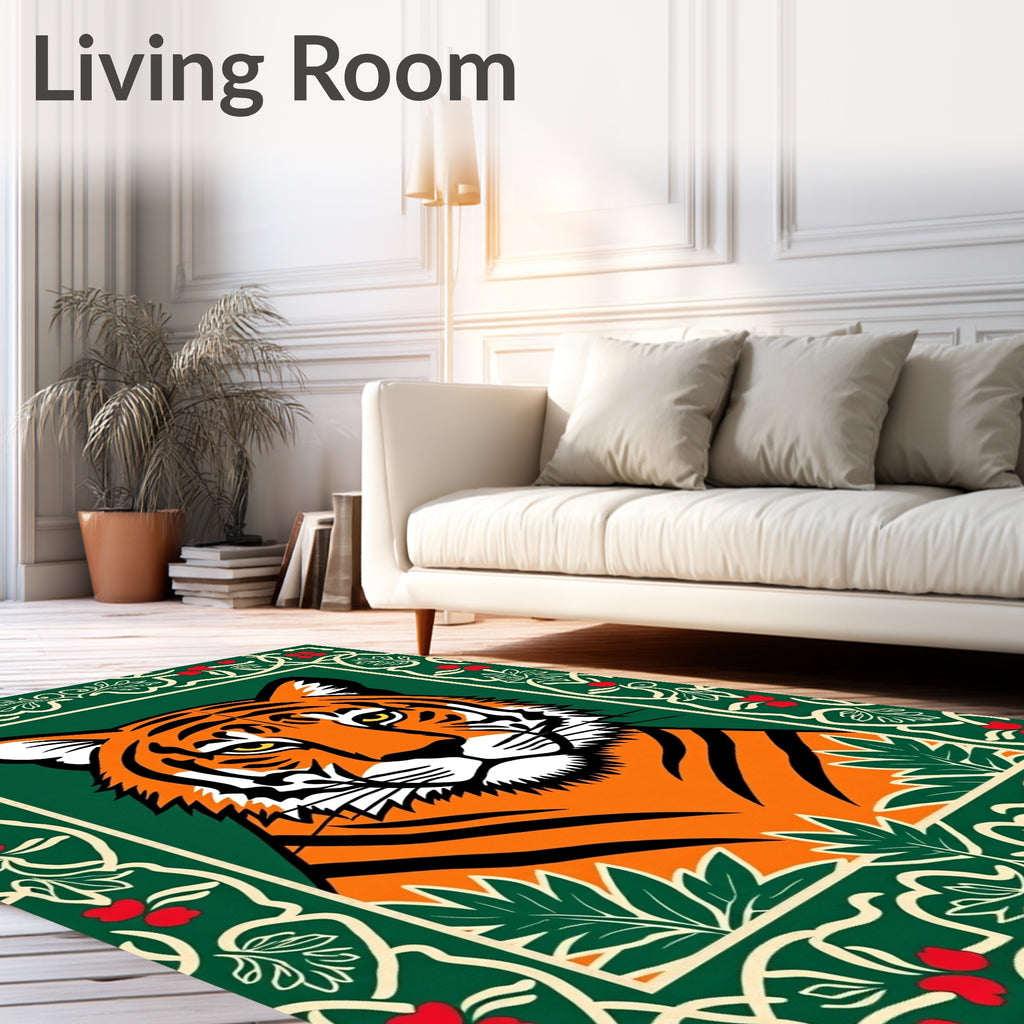 Bold Tiger Portrait With Floral Border Rug