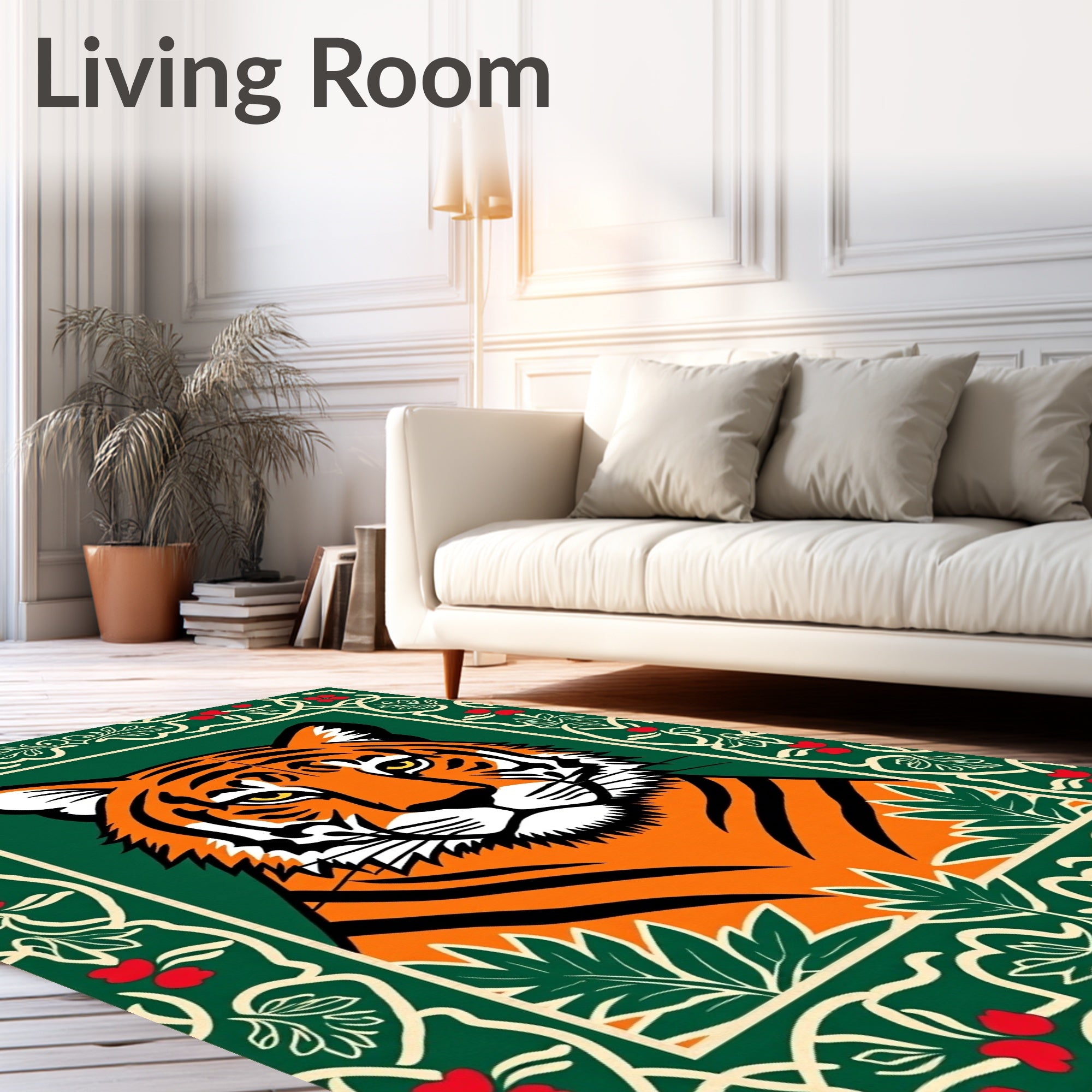 Bold Tiger Portrait With Floral Border Rug