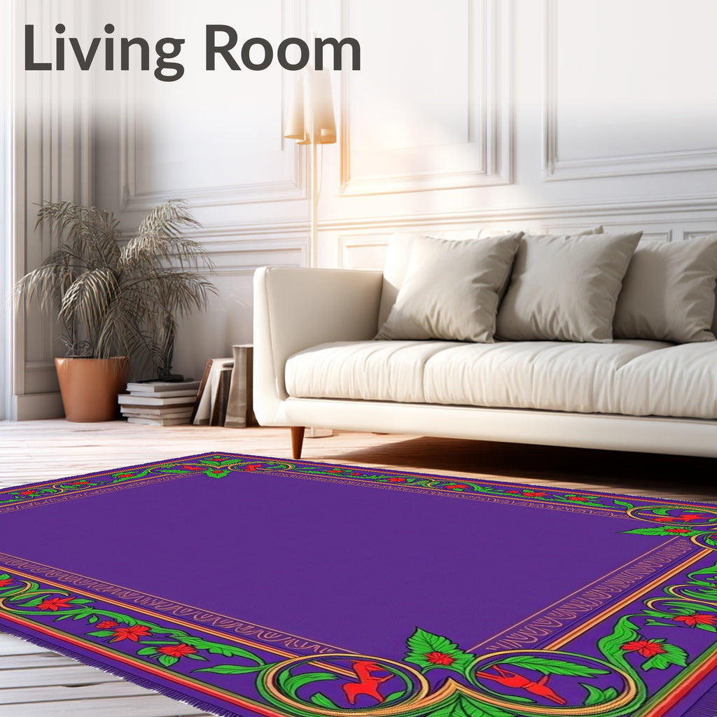 Vibrant Purple Floral Bird Border Rug