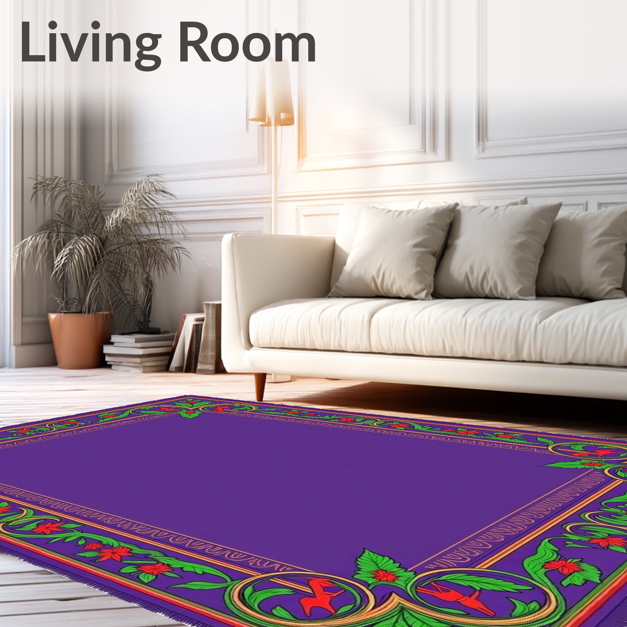 Vibrant Purple Floral Bird Border Rug