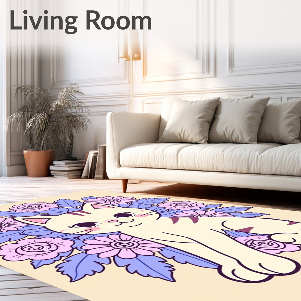 Cute Cream Cat Lavender Floral Garland Rug