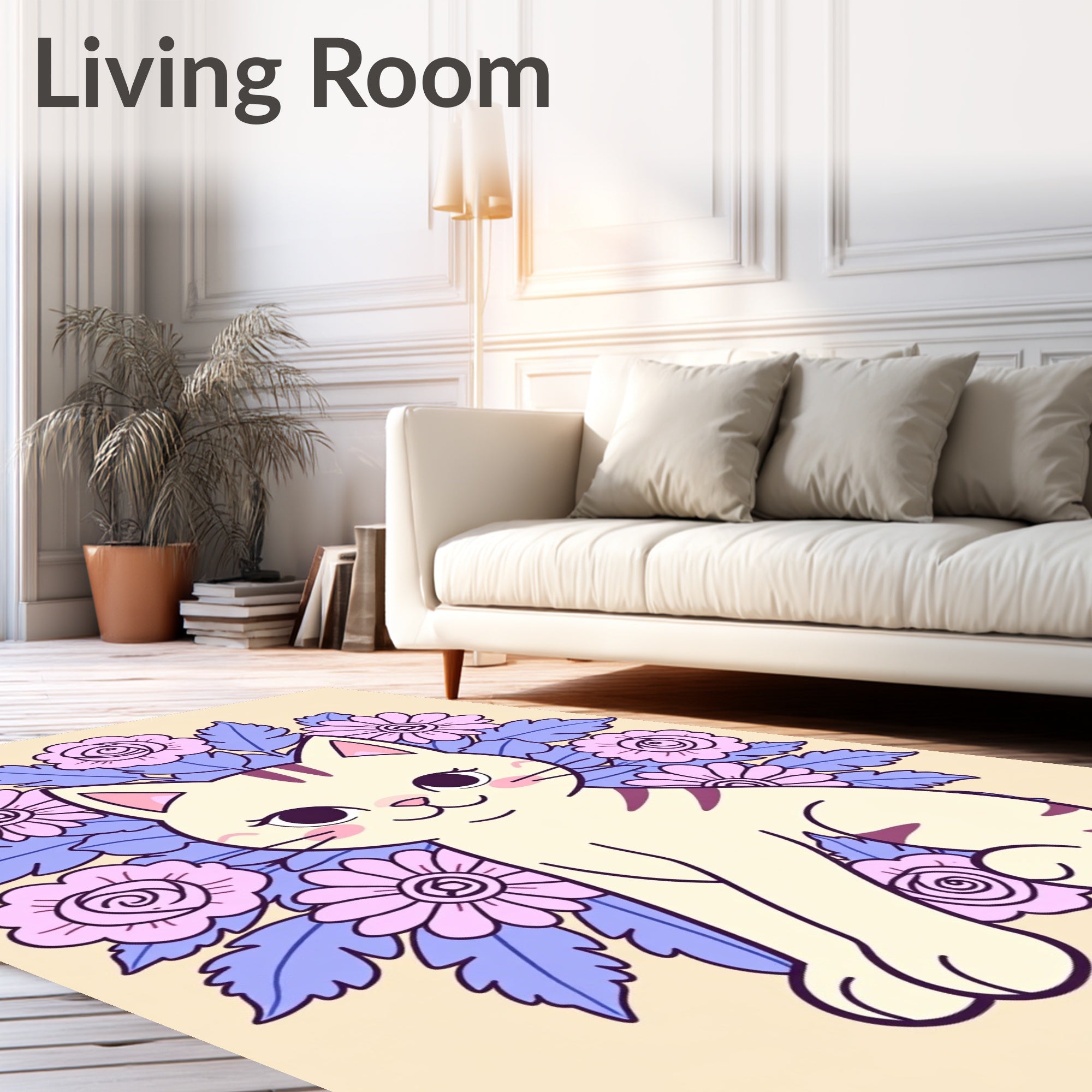 Cute Cream Cat Lavender Floral Garland Rug