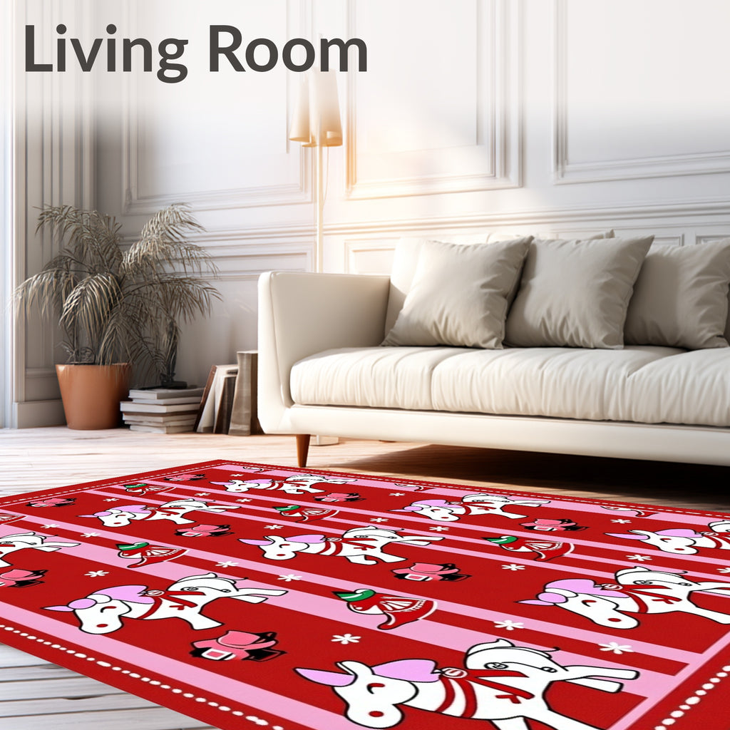 Festive White Horses Pink Mane Red Stripes Rug