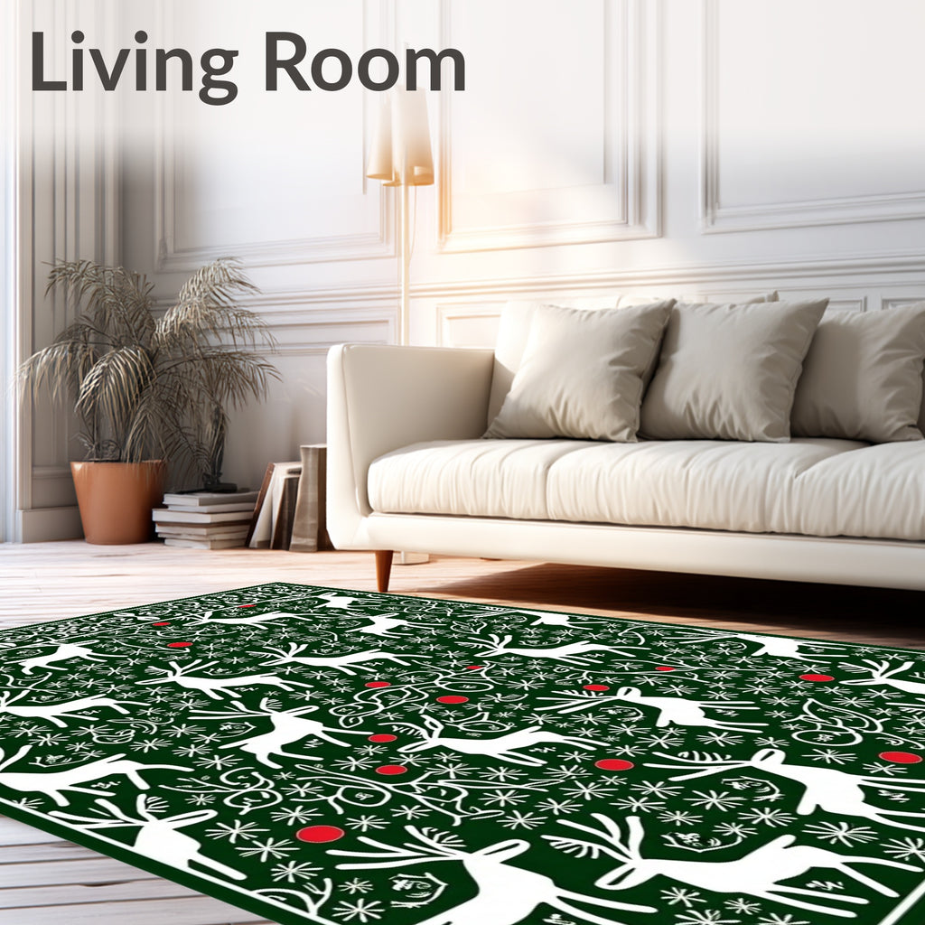 White Deer Green Snowflake Festive Border Rug