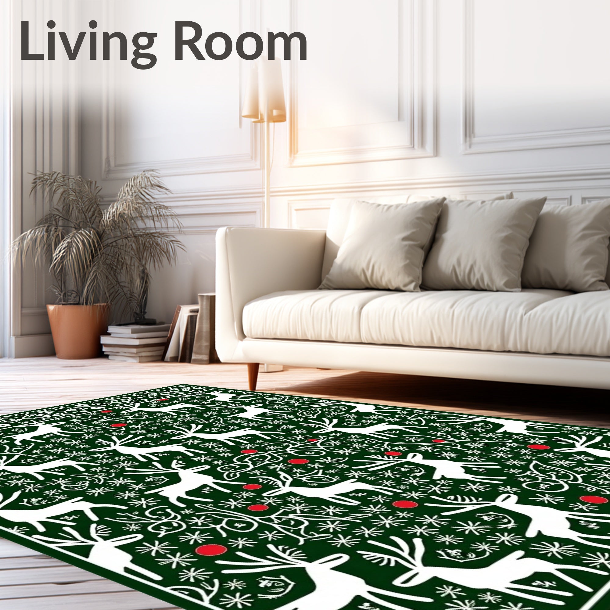 White Deer Green Snowflake Festive Border Rug